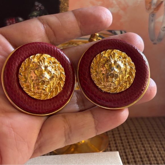 Gold and Red Lion Medallion Earrings - Picture 1 of 3